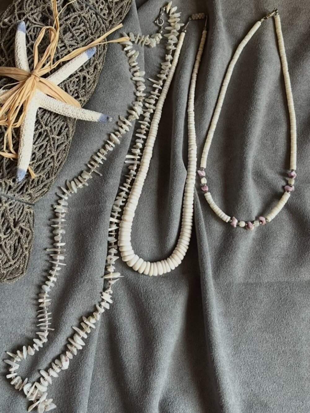 VTG 70s 80s Natural Shell Necklace Lot 3 Beach Surfer Heishi Coral Shard Boho